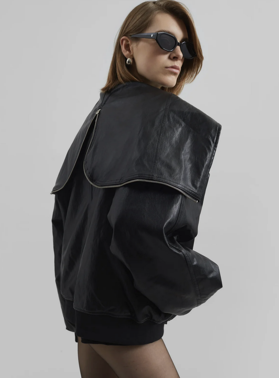 Burnaby Faux Leather Zip-Up Hoodie - Black